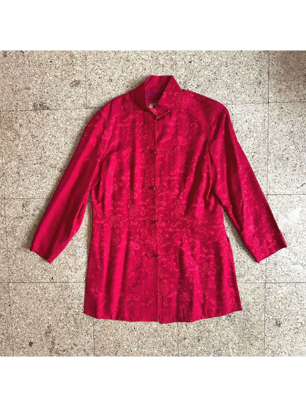 Shanghai Tang Women's S/M Red Silk Jacquard Brocade Frog Longline Jacket 1C003D2